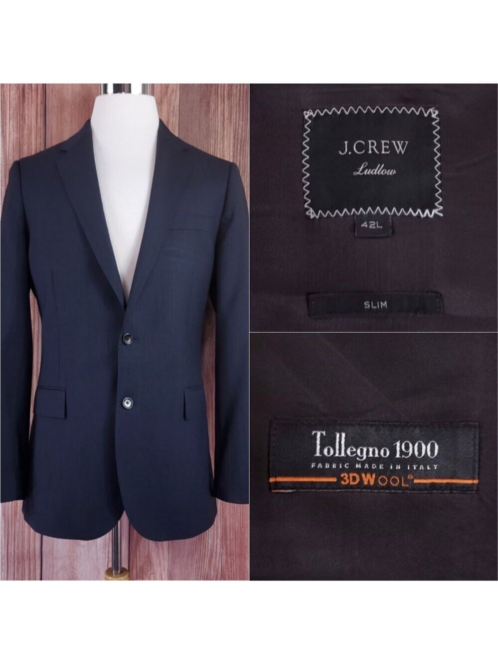 J. Crew Ludlow Slim fit Suit Jacket 42L Tollegno 1900 Italian 3D Wool Navy J3272